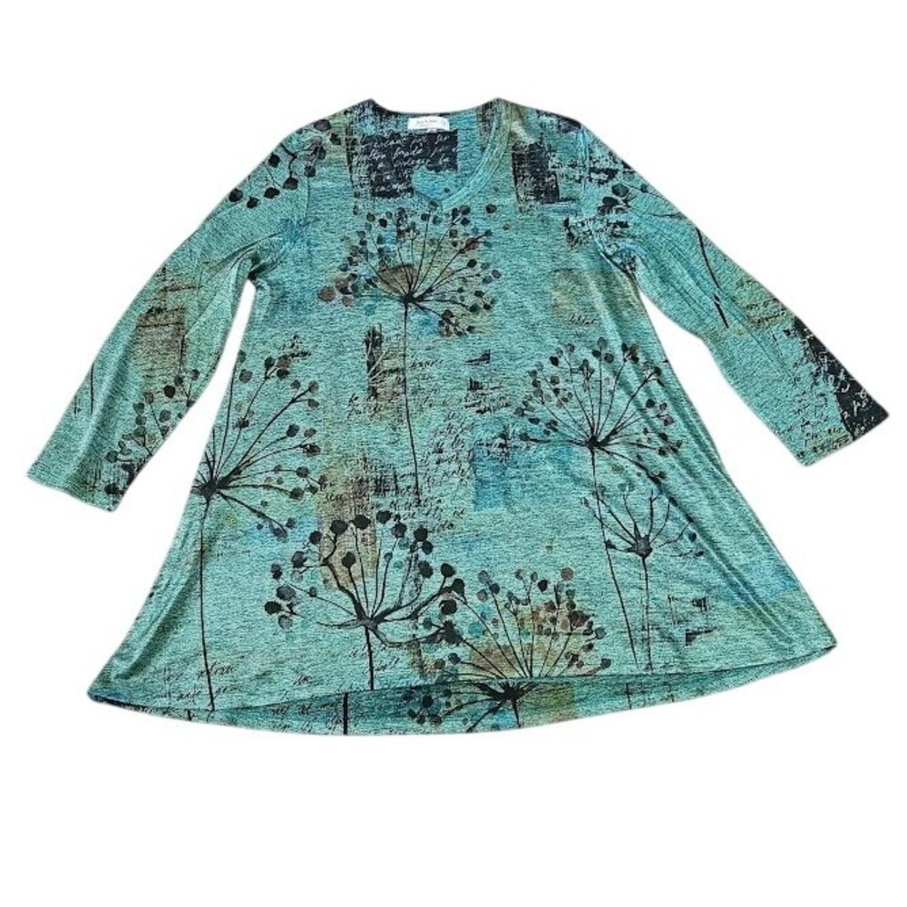 Jess & Jane Tunic Top Women Small Green Dandelion Floral V-Neck Artsy Shirt